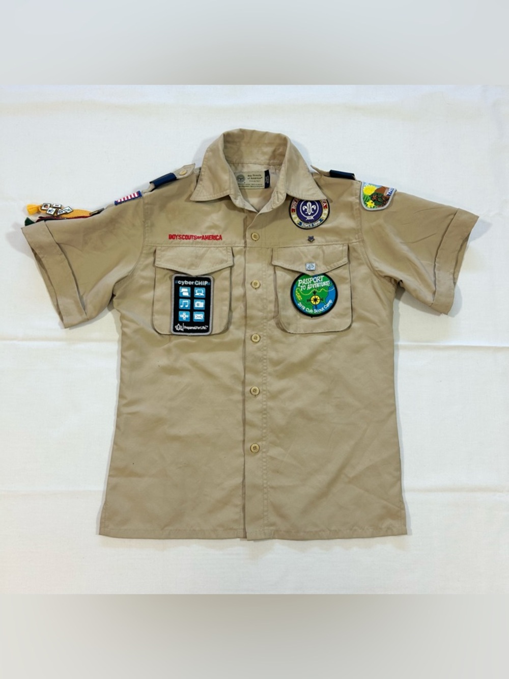 Boy Scouts Of America Youth M Tan Button Up Shirt Uniform Patches Ribbon Pins